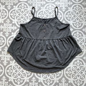 Gray tank top with flowy bottom and fake buttons and adjustable straps